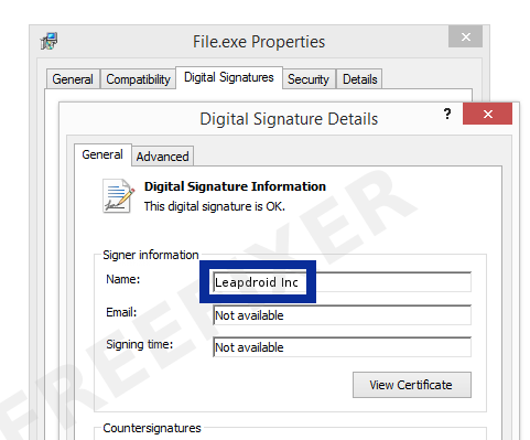 Screenshot of the Leapdroid Inc certificate